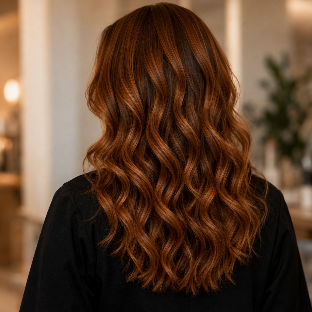 Coloracion cobre en cabello ondulado