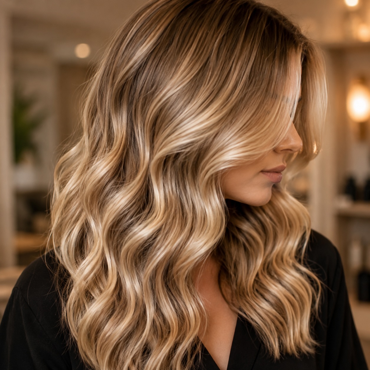 Mechas rubias luminosas en cabello ondulado