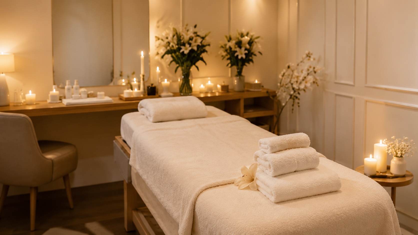 Cabina de estética con camilla, velas y flores