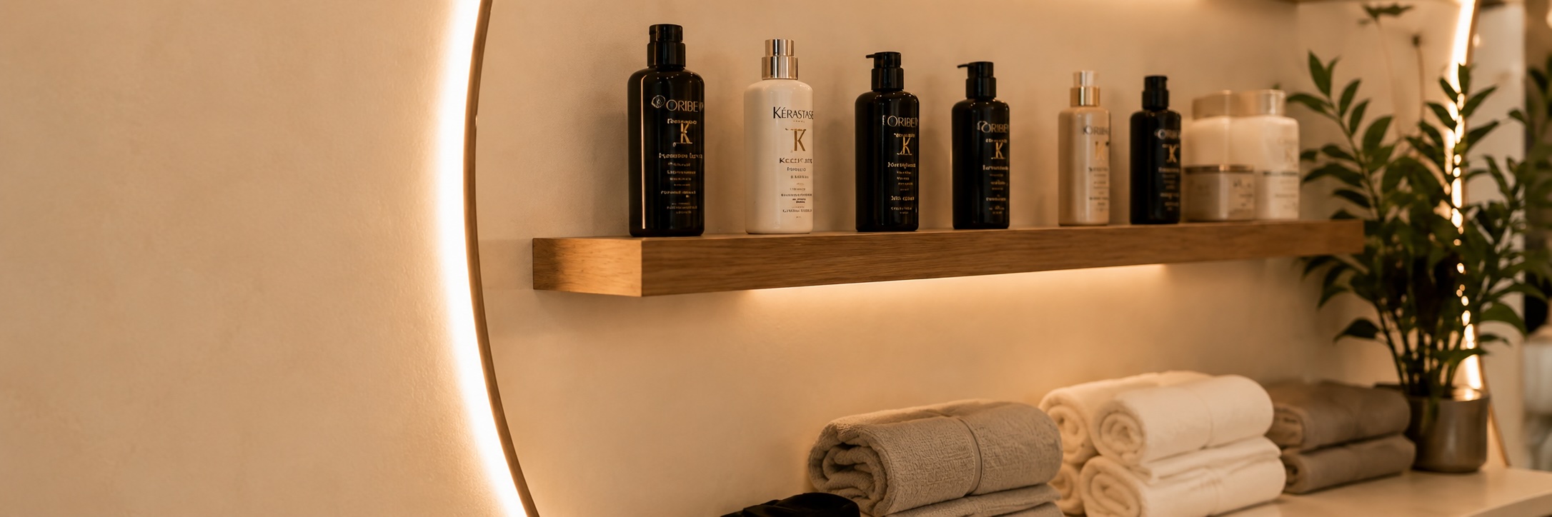 Productos profesionales en estante iluminado del salon