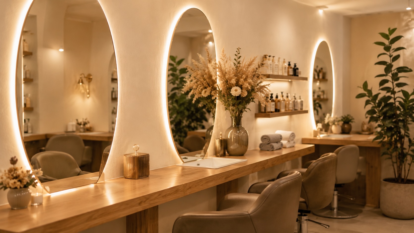 Salon Azabache con espejos iluminados y ambiente calido