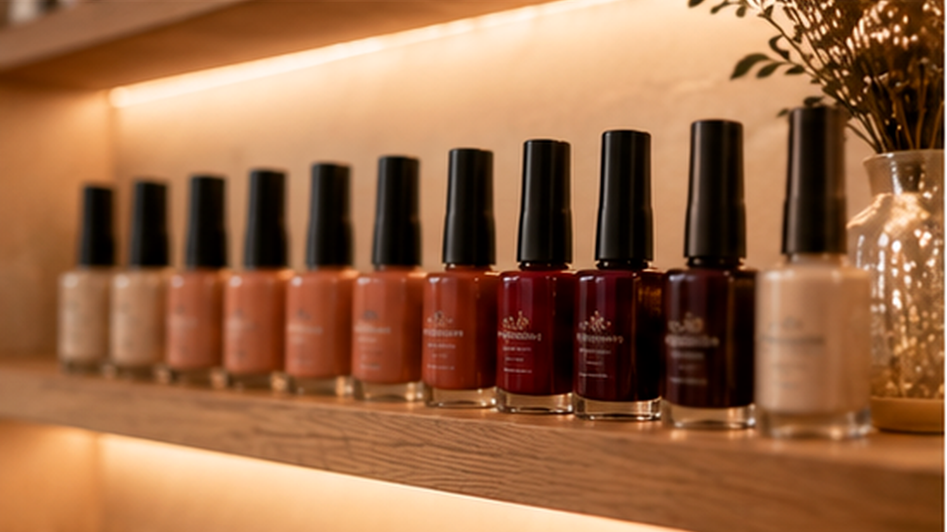 Estante de esmaltes en tonos nude, terracota y burdeos