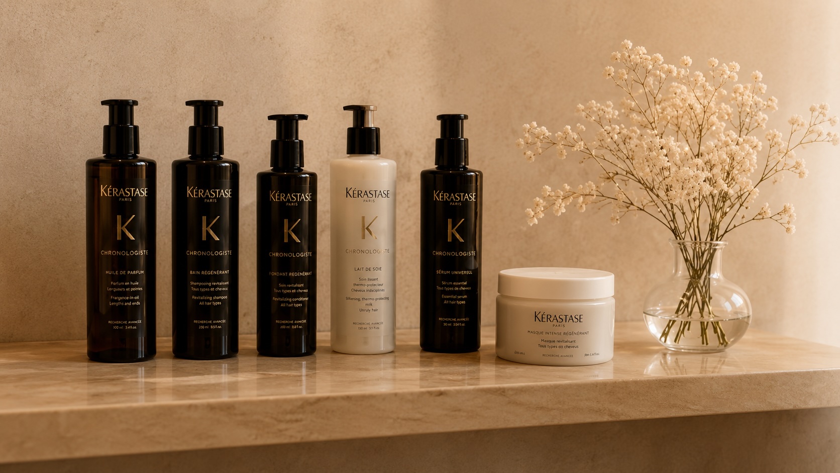 Productos Kerastase profesionales sobre estante de salon
